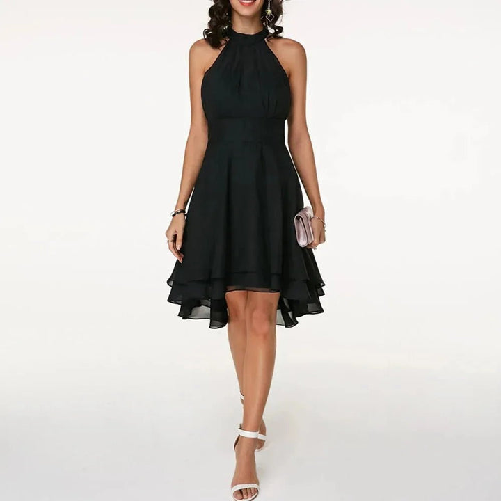 Elise | Elegant White Halter Ruffle Midi Dress - Emma's Dresses