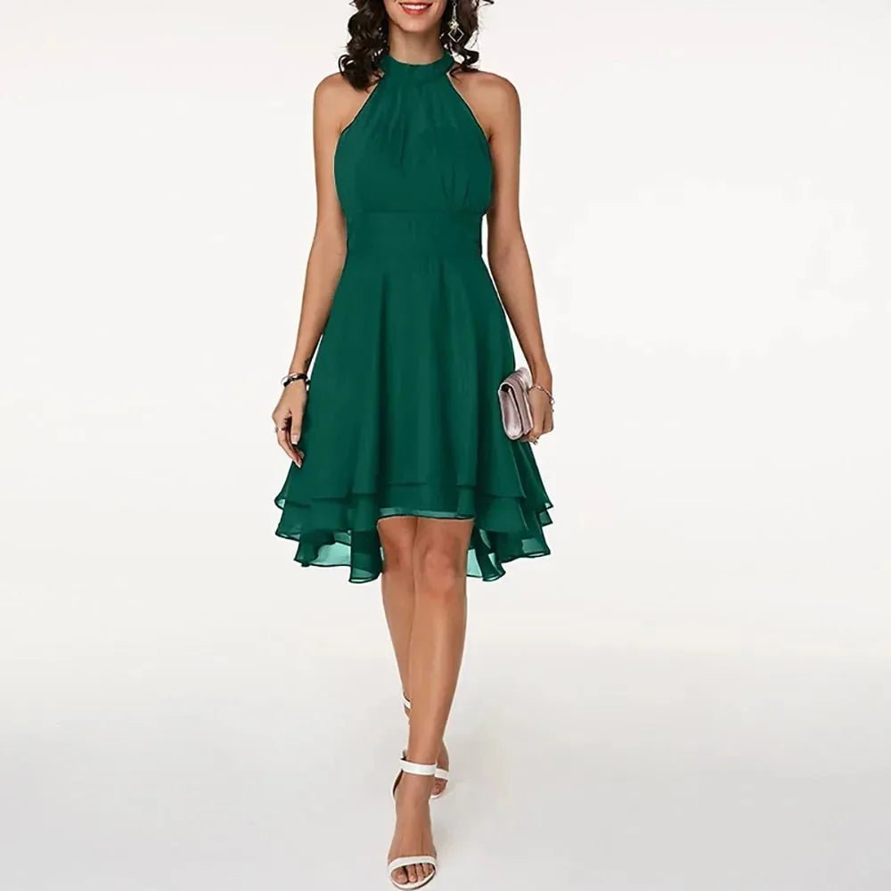 Elise | Elegant White Halter Ruffle Midi Dress - Emma's Dresses
