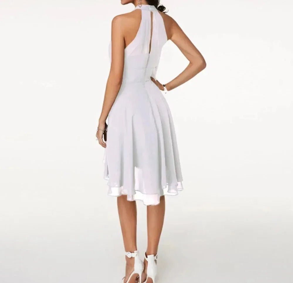 Elise | Elegant White Halter Ruffle Midi Dress - Emma's Dresses