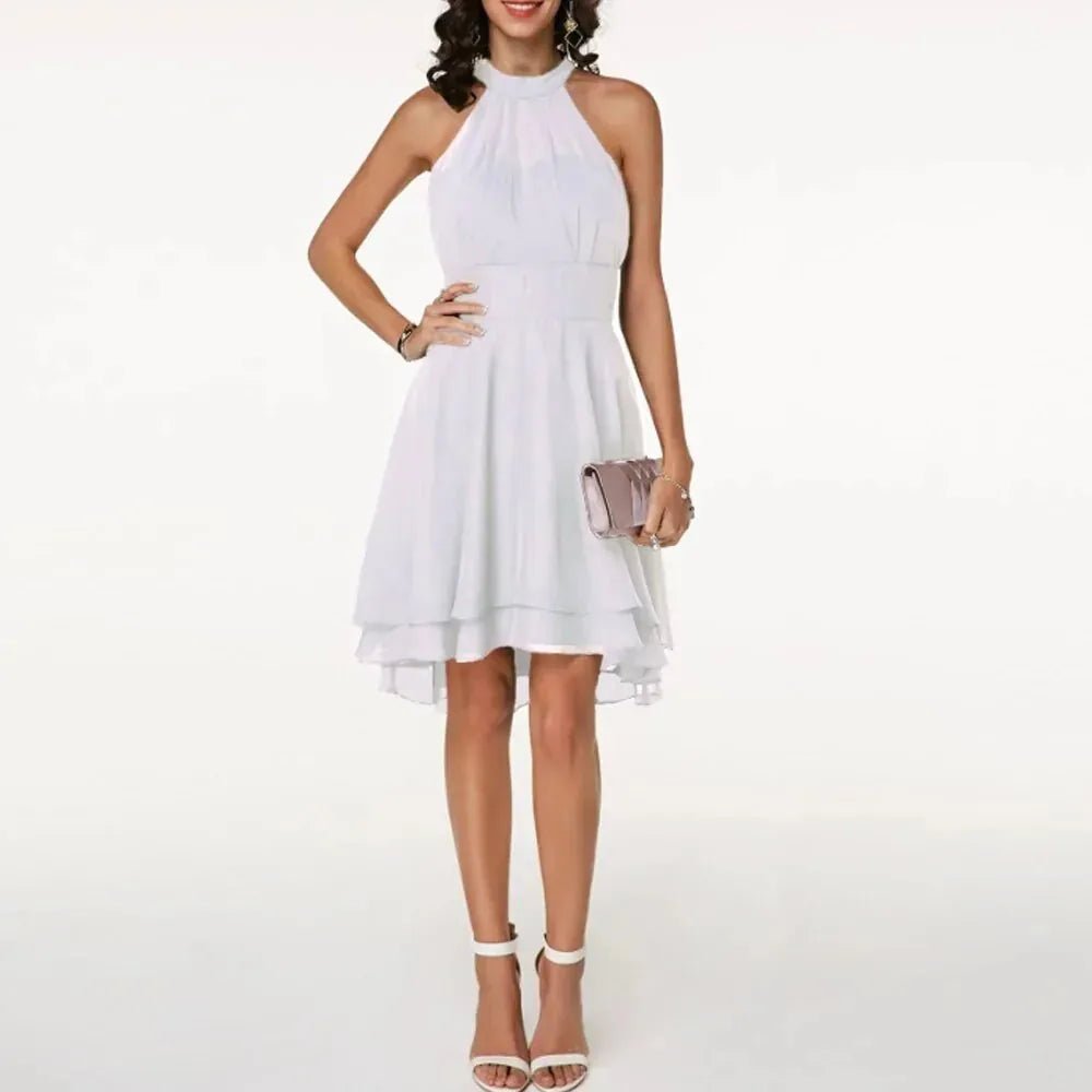 Elise | Elegant White Halter Ruffle Midi Dress - Emma's Dresses