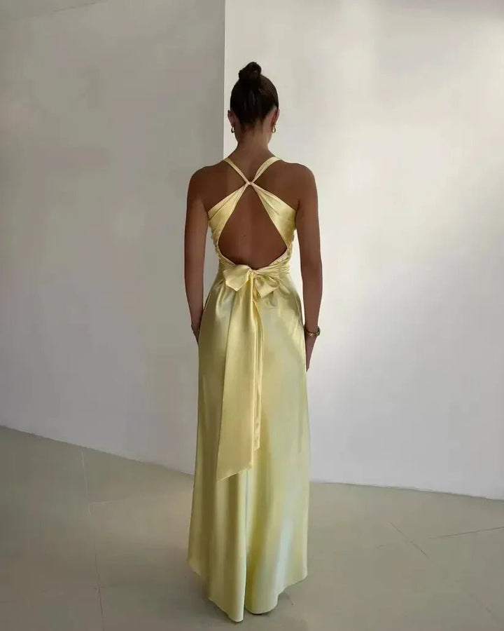 Celeste | Elegant Yellow Halter V - Neck Maxi Dress - Emma's Dresses