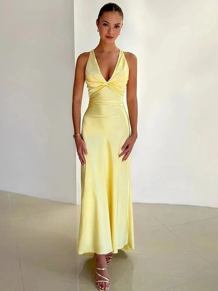 Celeste | Elegant Yellow Halter V - Neck Maxi Dress - Emma's Dresses