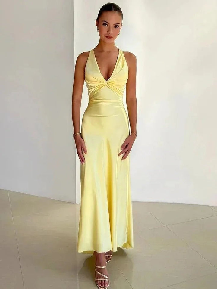 Celeste | Elegant Yellow Halter V - Neck Maxi Dress - Emma's Dresses