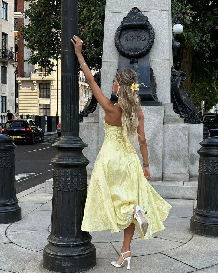 Rosie | Elegant Yellow Halter V - Neck Midi Dress - Emma's Dresses