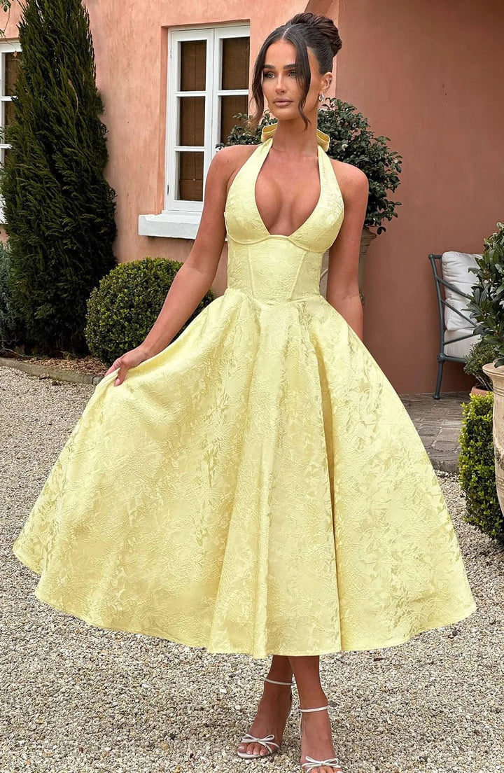Rosie | Elegant Yellow Halter V - Neck Midi Dress - Emma's Dresses