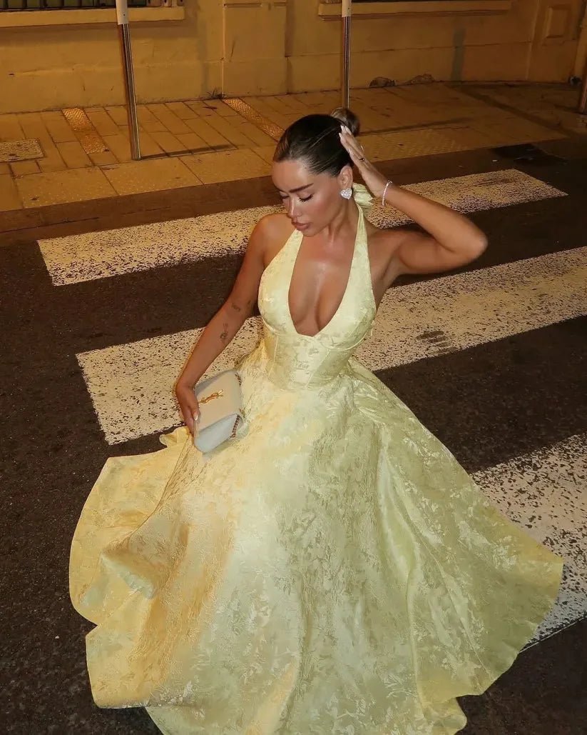 Rosie | Elegant Yellow Halter V - Neck Midi Dress - Emma's Dresses