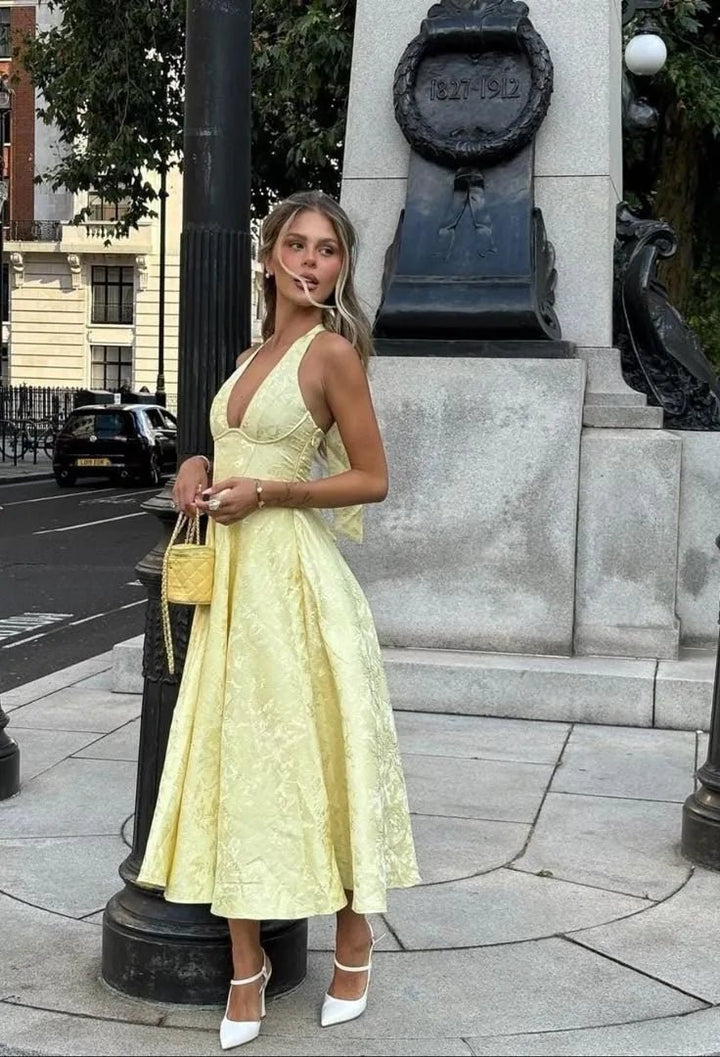 Rosie | Elegant Yellow Halter V - Neck Midi Dress - Emma's Dresses
