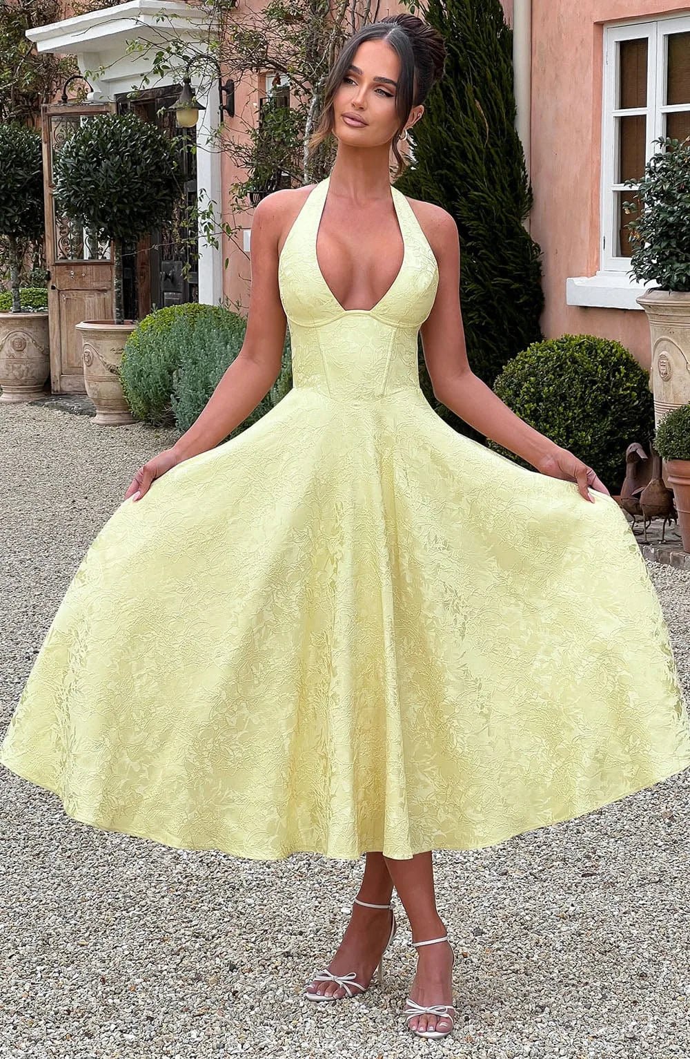 Rosie | Elegant Yellow Halter V - Neck Midi Dress - Emma's Dresses