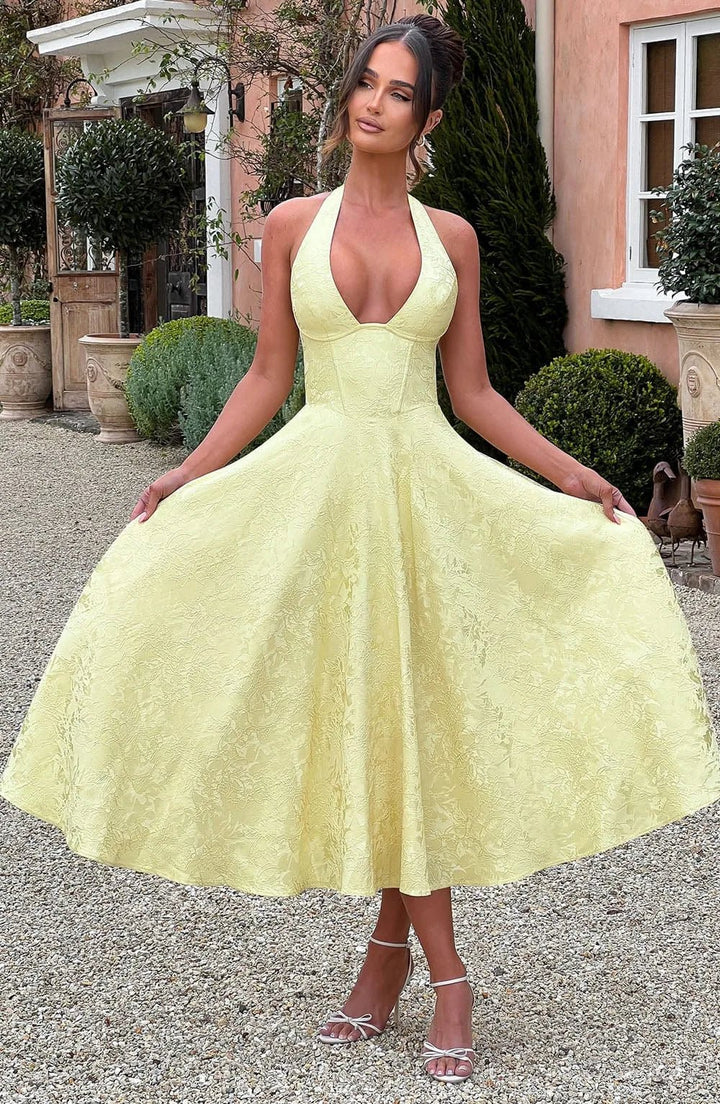 Rosie | Elegant Yellow Halter V - Neck Midi Dress - Emma's Dresses
