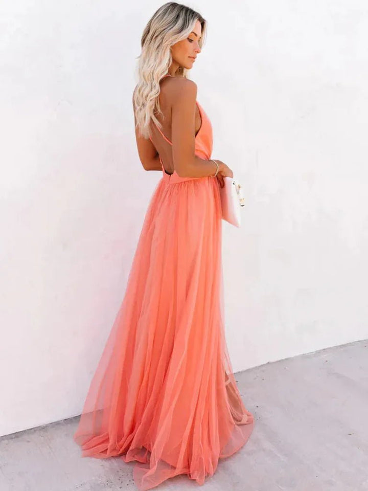 Clara | Elegant Halter V - Neck Tulle Maxi Dress - Emma's Dresses