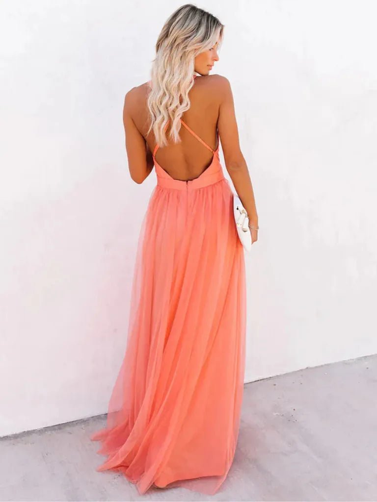 Clara | Elegant Halter V - Neck Tulle Maxi Dress - Emma's Dresses