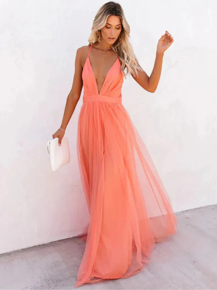 Clara | Elegant Halter V - Neck Tulle Maxi Dress - Emma's Dresses