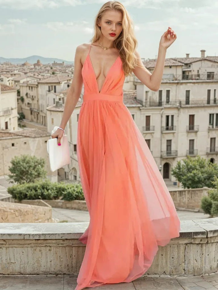 Clara | Elegant Halter V - Neck Tulle Maxi Dress - Emma's Dresses