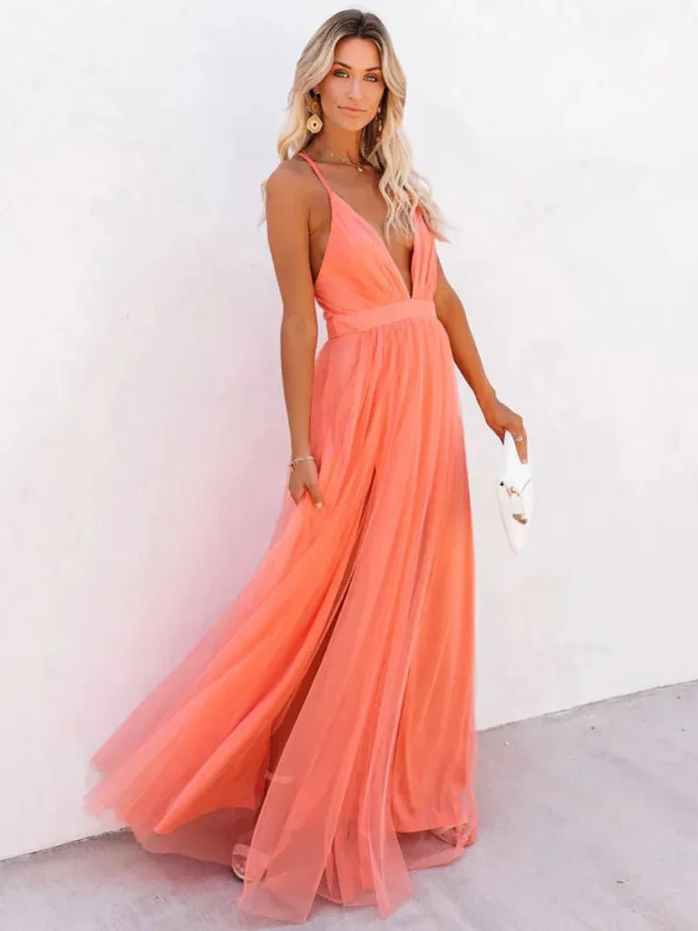 Clara | Elegant Halter V - Neck Tulle Maxi Dress - Emma's Dresses