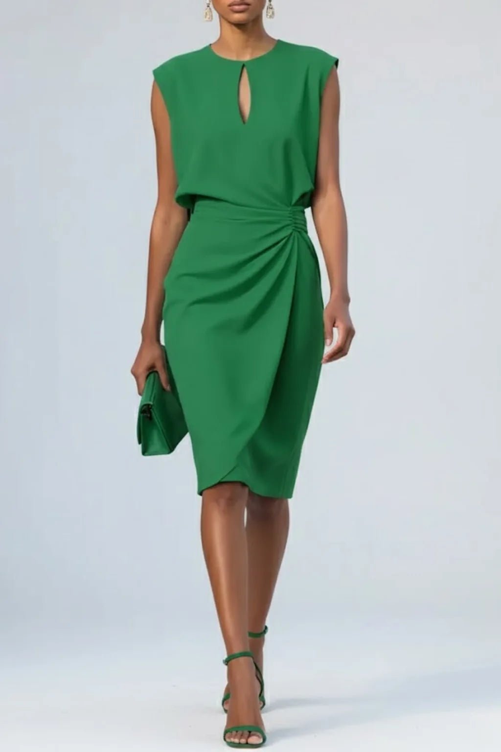 Rhea | Elegant Blue Keyhole Neck Ruched Midi Dress - Emma's Dresses