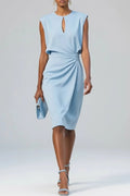 Rhea | Elegant Blue Keyhole Neck Ruched Midi Dress
