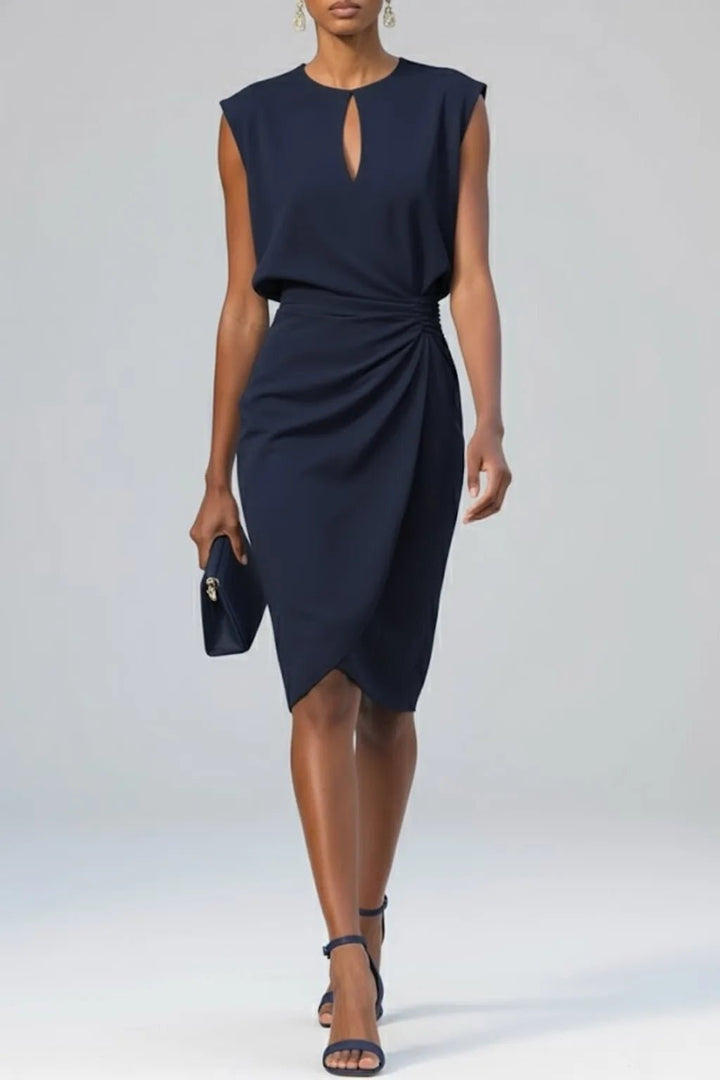Rhea | Elegant Blue Keyhole Neck Ruched Midi Dress - Emma's Dresses