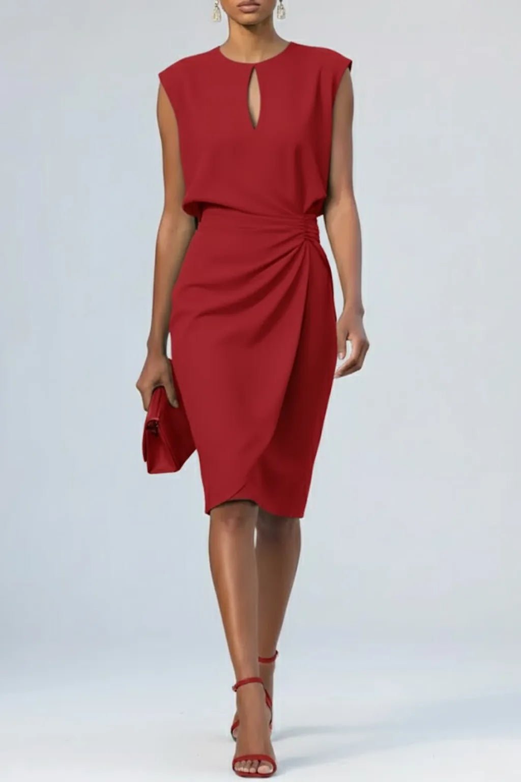 Rhea | Elegant Blue Keyhole Neck Ruched Midi Dress - Emma's Dresses