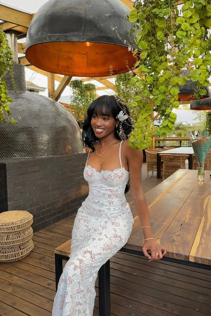 Chloe | Elegant White Lace Bustier Maxi Dress – view 5