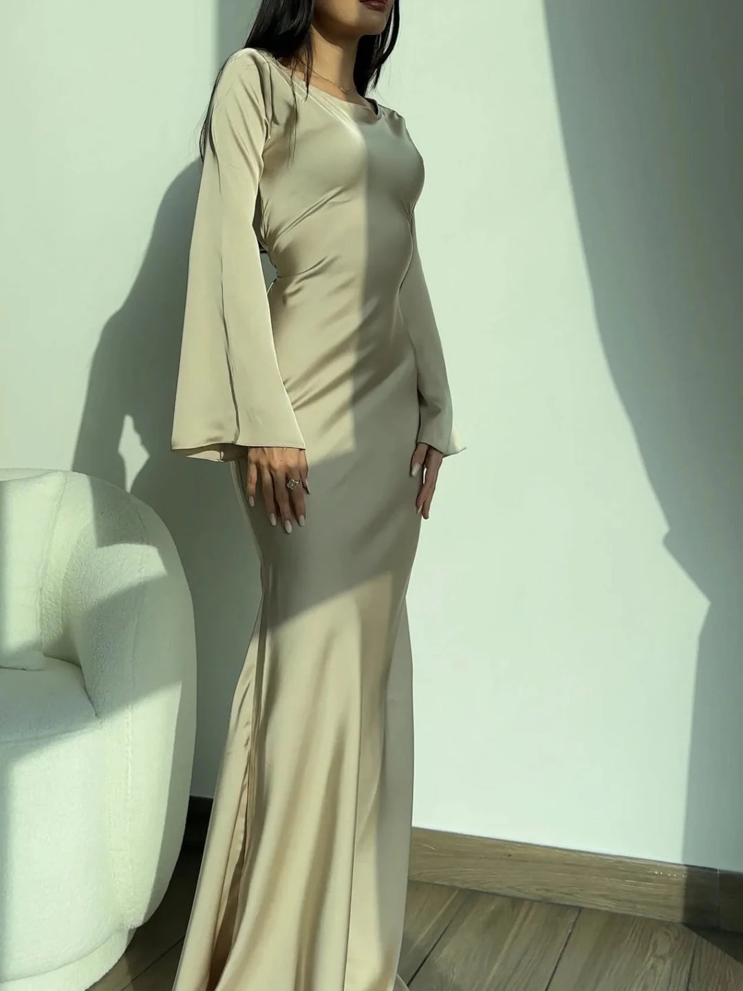 Chloe | Elegant Long Sleeve V - Neck Maxi Dress - Emma's Dresses