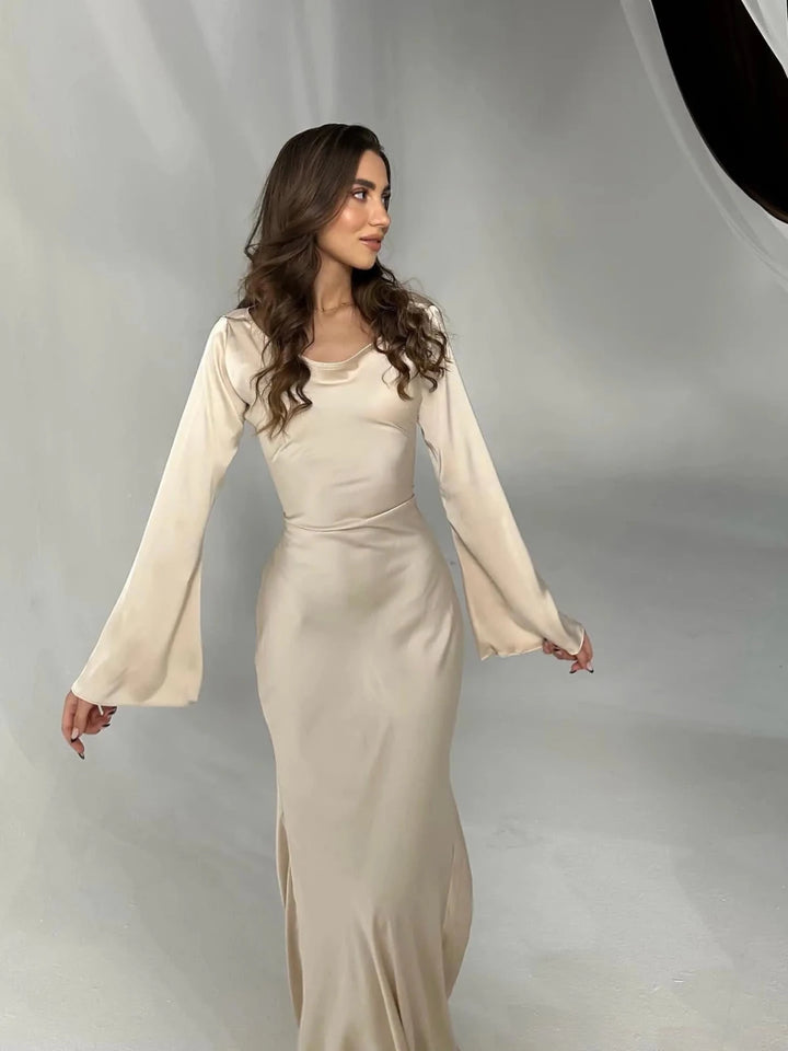 Chloe | Elegant Long Sleeve V - Neck Maxi Dress - Emma's Dresses
