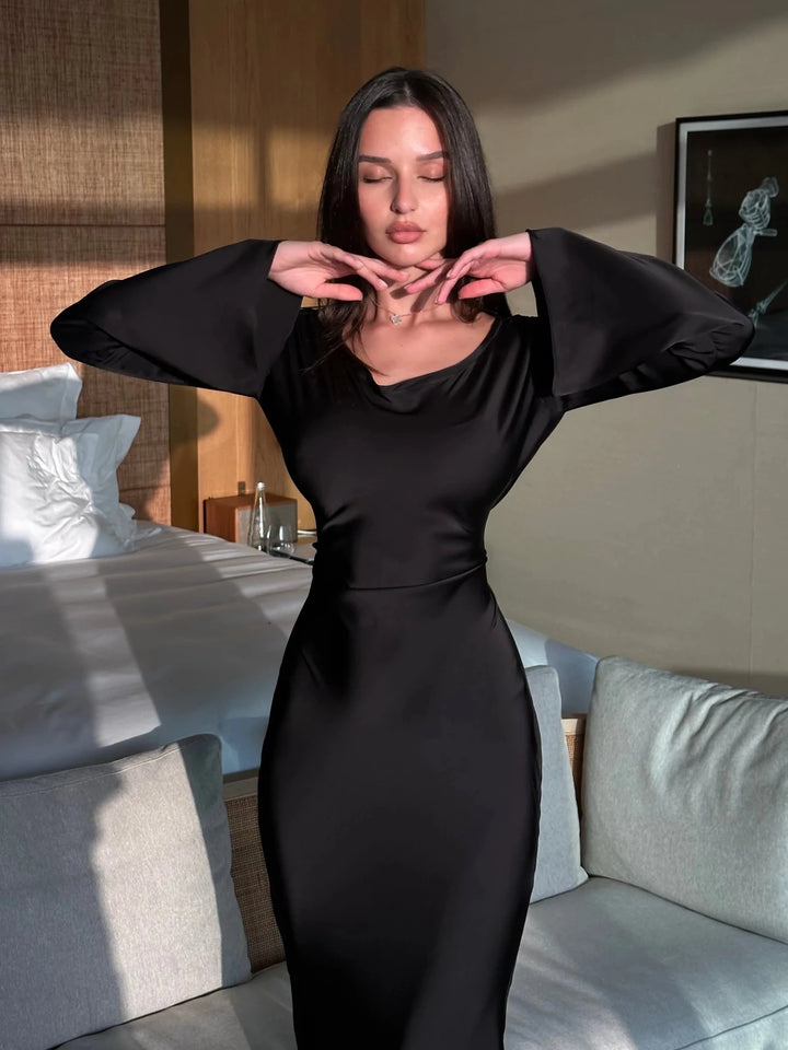 Chloe | Elegant Long Sleeve V - Neck Maxi Dress - Emma's Dresses