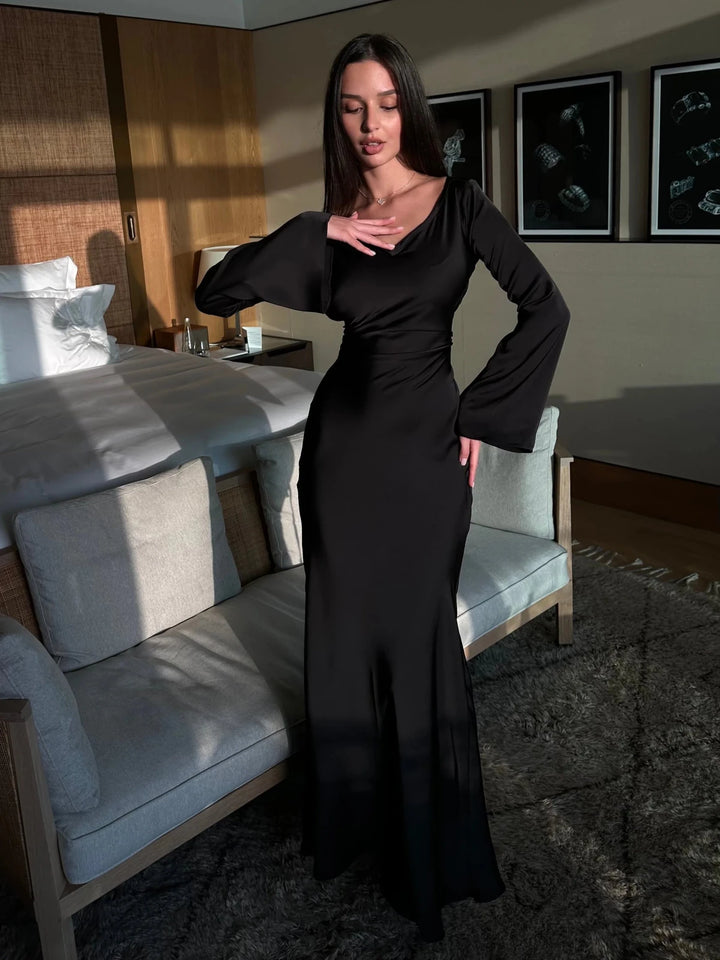 Chloe | Elegant Long Sleeve V - Neck Maxi Dress - Emma's Dresses
