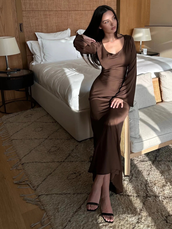 Chloe | Elegant Long Sleeve V - Neck Maxi Dress - Emma's Dresses