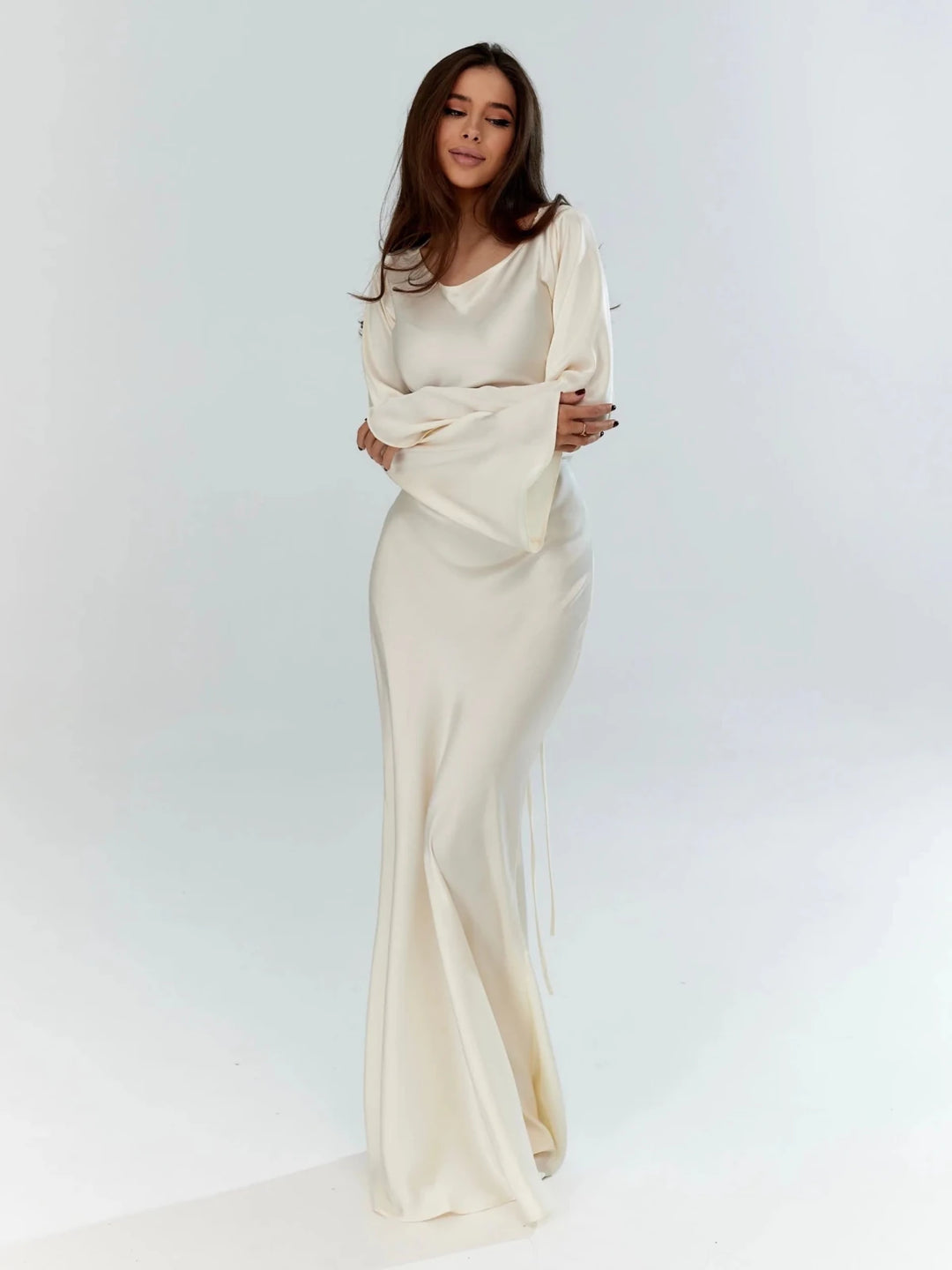 Chloe | Elegant Long Sleeve V - Neck Maxi Dress - Emma's Dresses