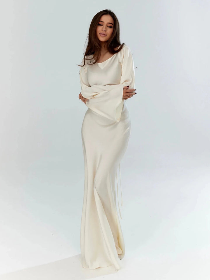 Chloe | Elegant Long Sleeve V - Neck Maxi Dress - Emma's Dresses