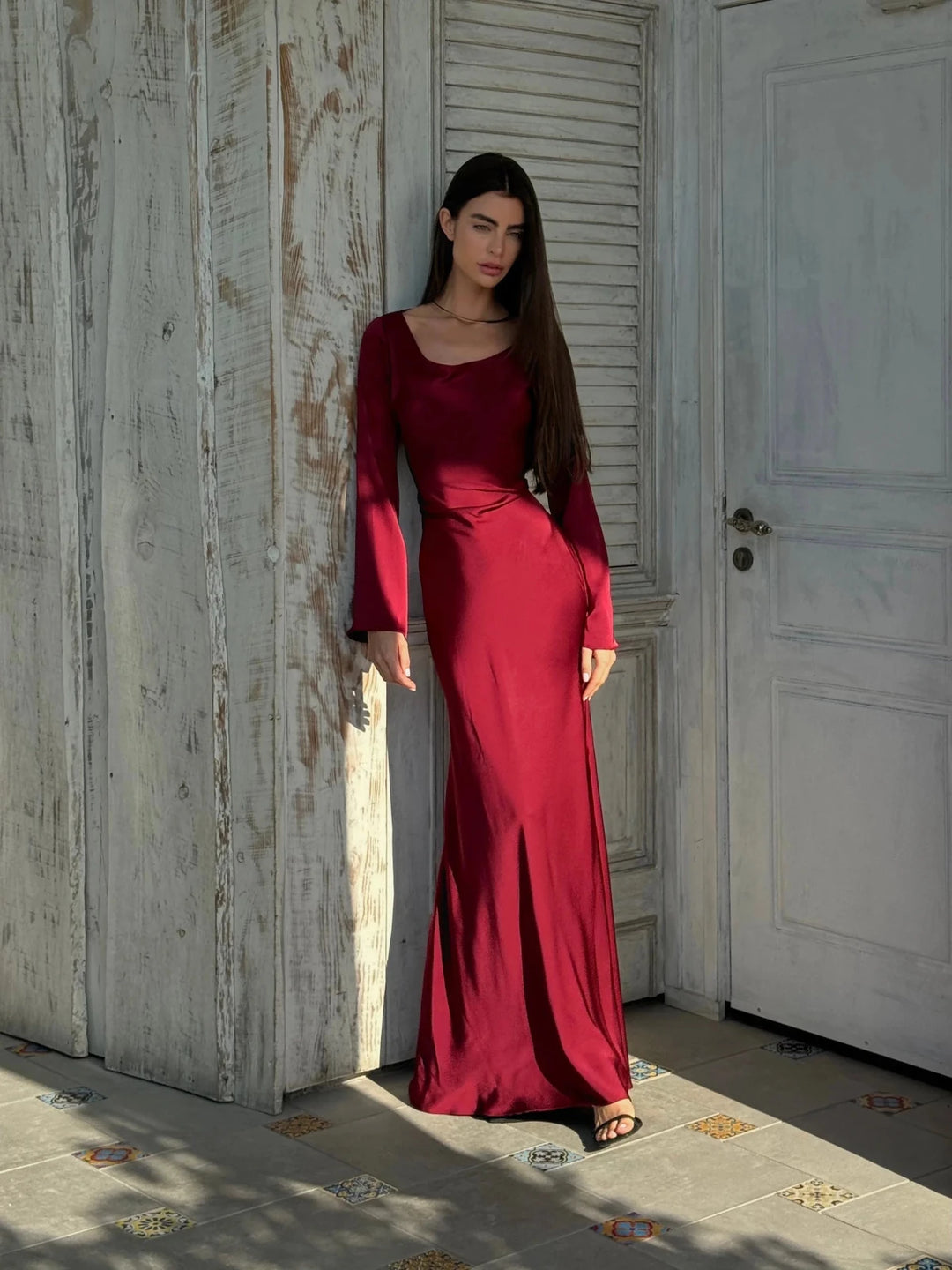 Chloe | Elegant Long Sleeve V - Neck Maxi Dress - Emma's Dresses