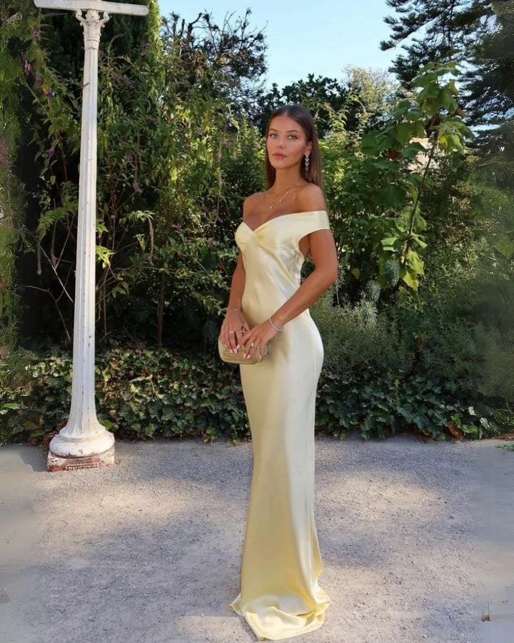 Nora | Elegant Yellow Off - Shoulder Backless Maxi Dress - Emma's Dresses