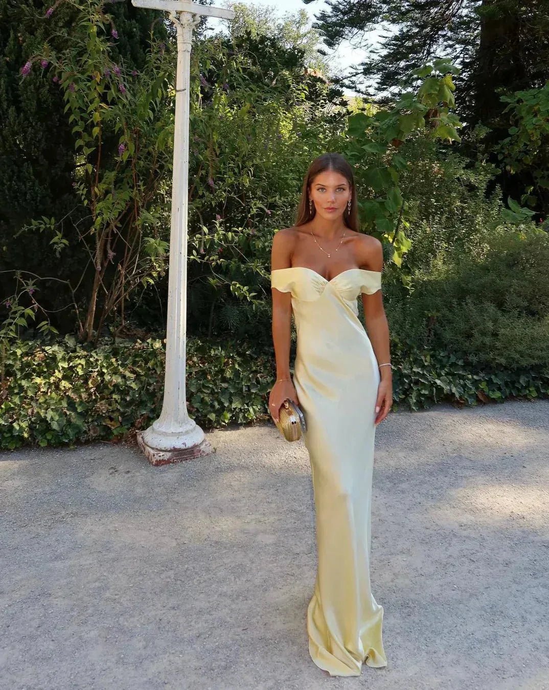 Nora | Elegant Yellow Off - Shoulder Backless Maxi Dress - Emma's Dresses