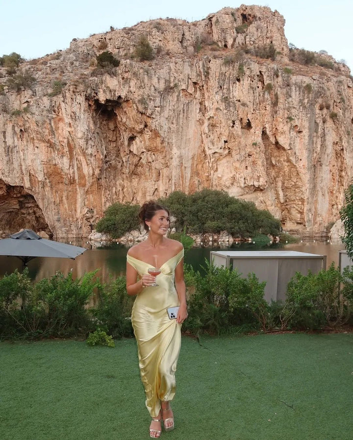 Nora | Elegant Yellow Off - Shoulder Backless Maxi Dress - Emma's Dresses