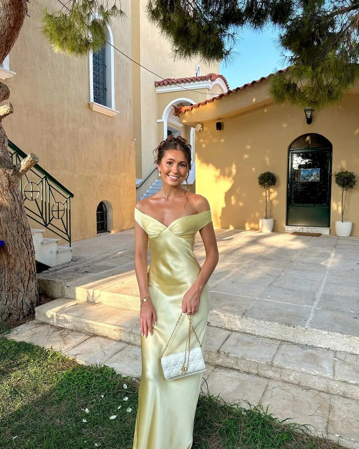 Nora | Elegant Yellow Off - Shoulder Backless Maxi Dress - Emma's Dresses
