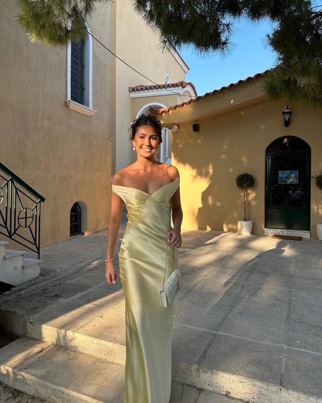 Nora | Elegant Yellow Off - Shoulder Backless Maxi Dress - Emma's Dresses