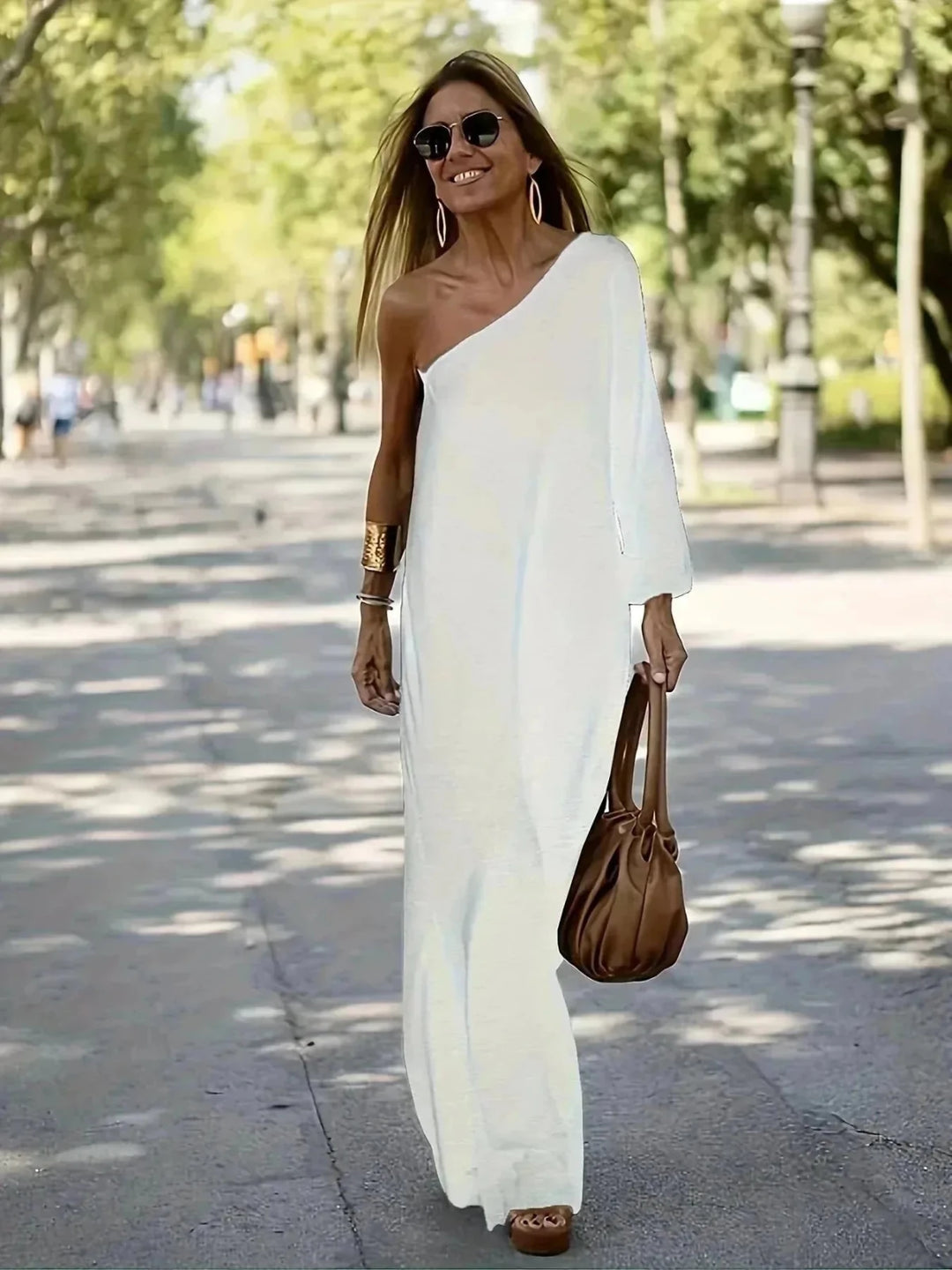 Penelope | Elegant One Shoulder White Maxi Dress - Emma's Dresses