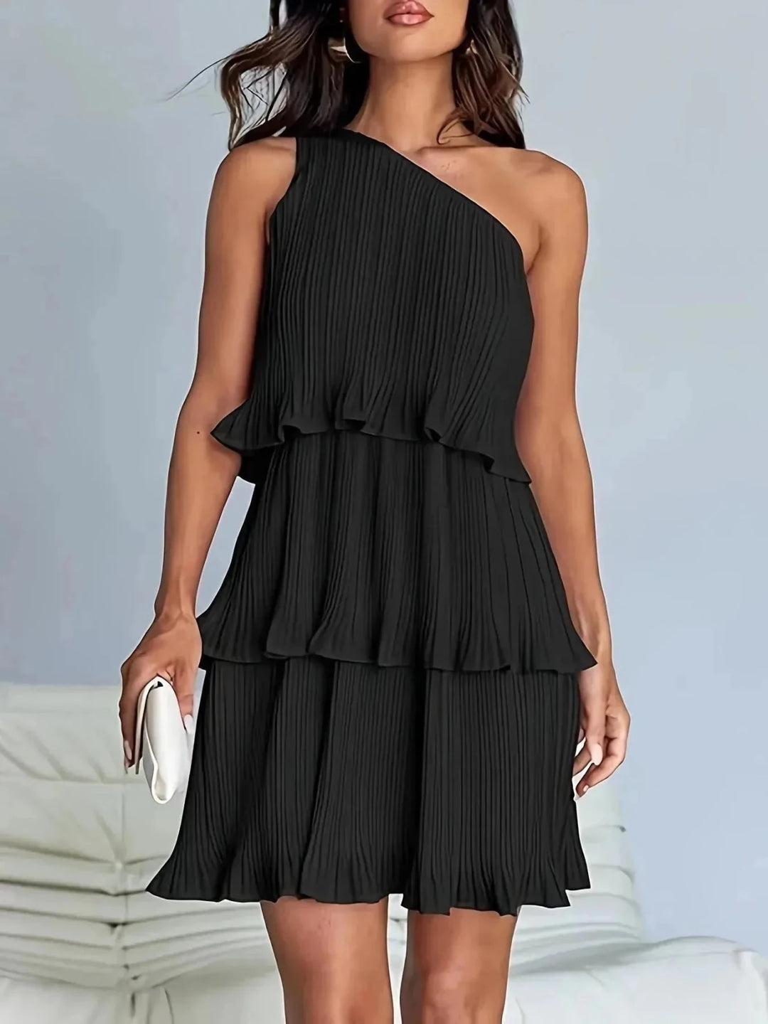 Rhea | Elegant One - Shoulder Pleated Tiered White Dress - Emma's Dresses