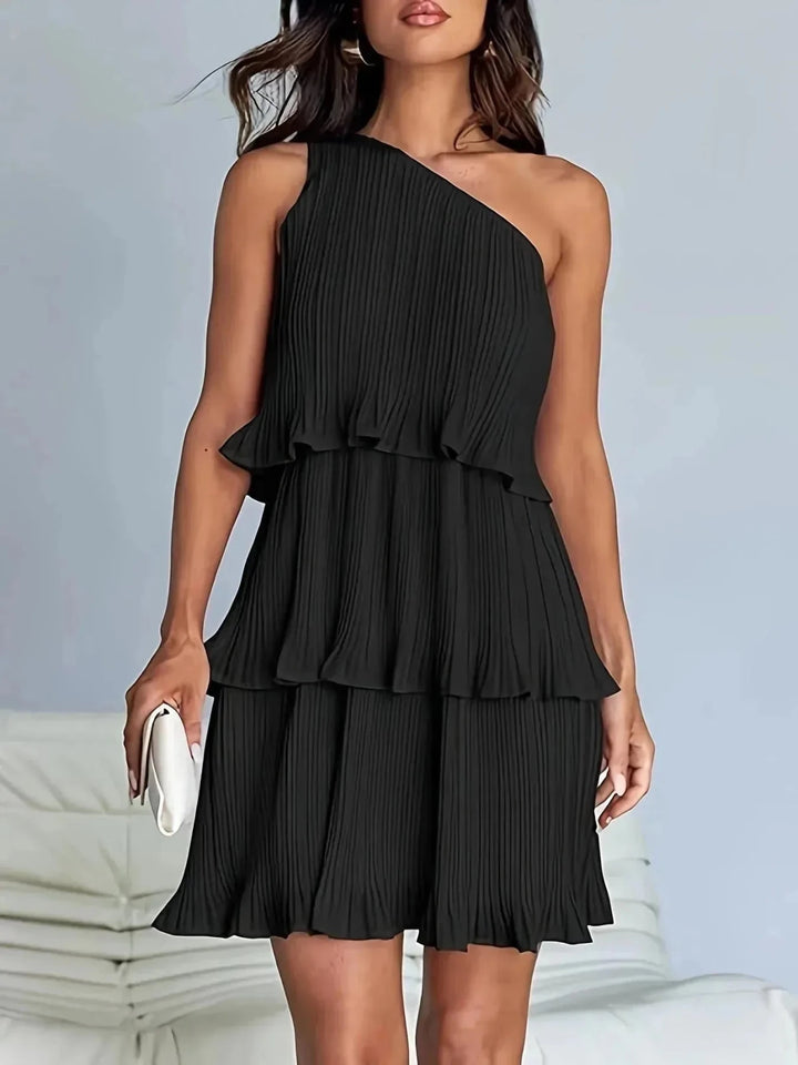 Rhea | Elegant One - Shoulder Pleated Tiered White Dress - Emma's Dresses