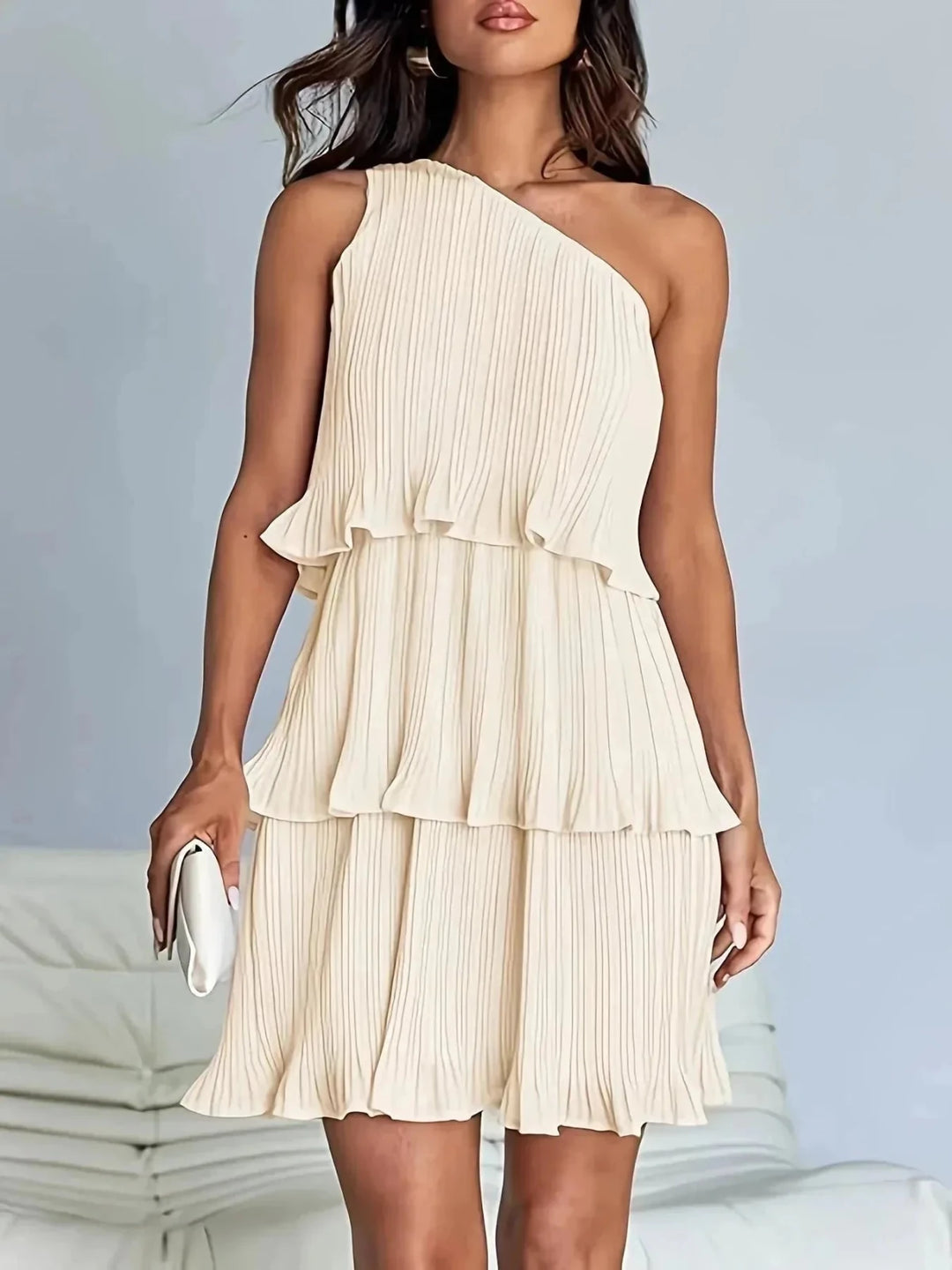 Rhea | Elegant One - Shoulder Pleated Tiered White Dress - Emma's Dresses