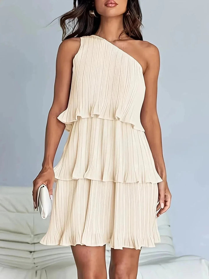 Rhea | Elegant One - Shoulder Pleated Tiered White Dress - Emma's Dresses