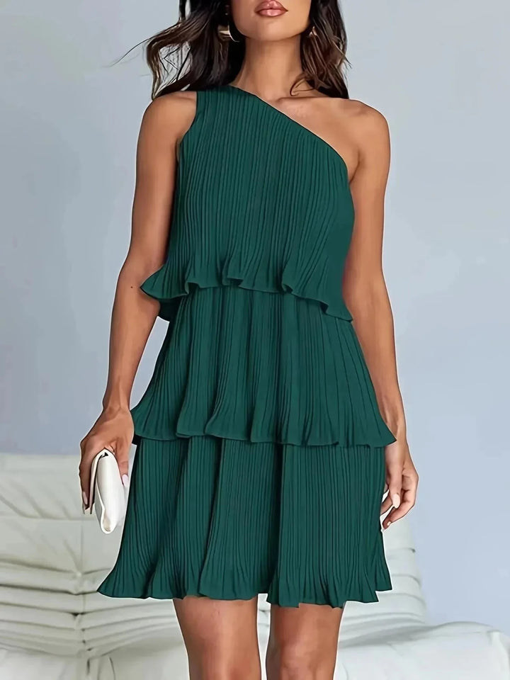Rhea | Elegant One - Shoulder Pleated Tiered White Dress - Emma's Dresses
