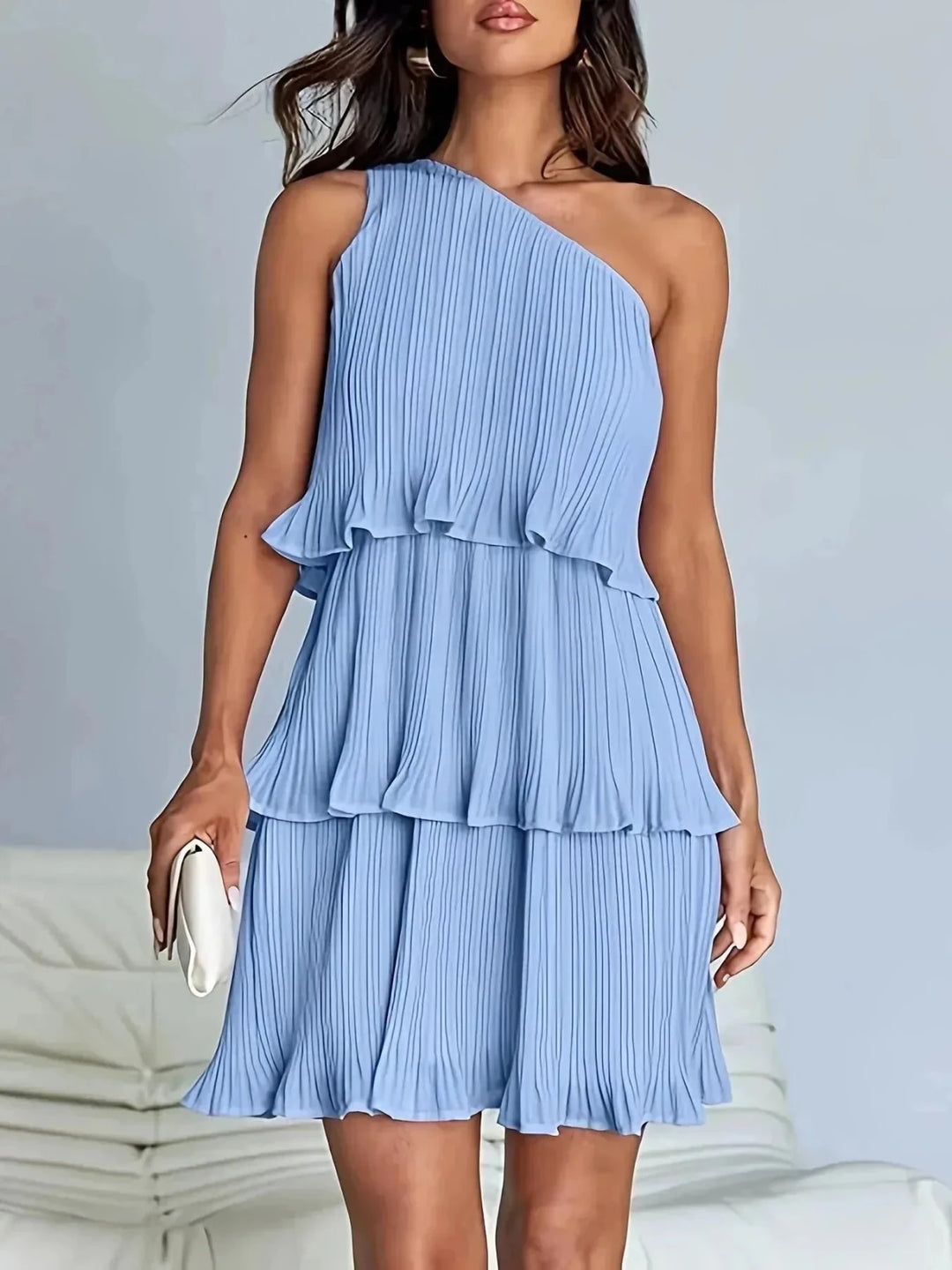 Rhea | Elegant One - Shoulder Pleated Tiered White Dress - Emma's Dresses
