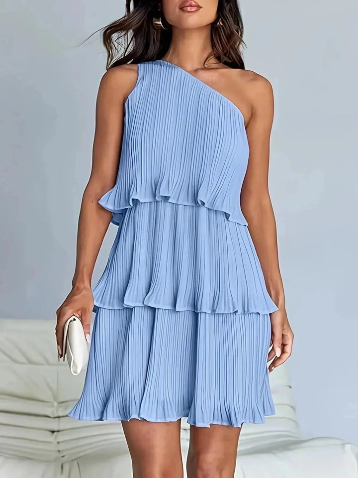 Rhea | Elegant One - Shoulder Pleated Tiered White Dress - Emma's Dresses