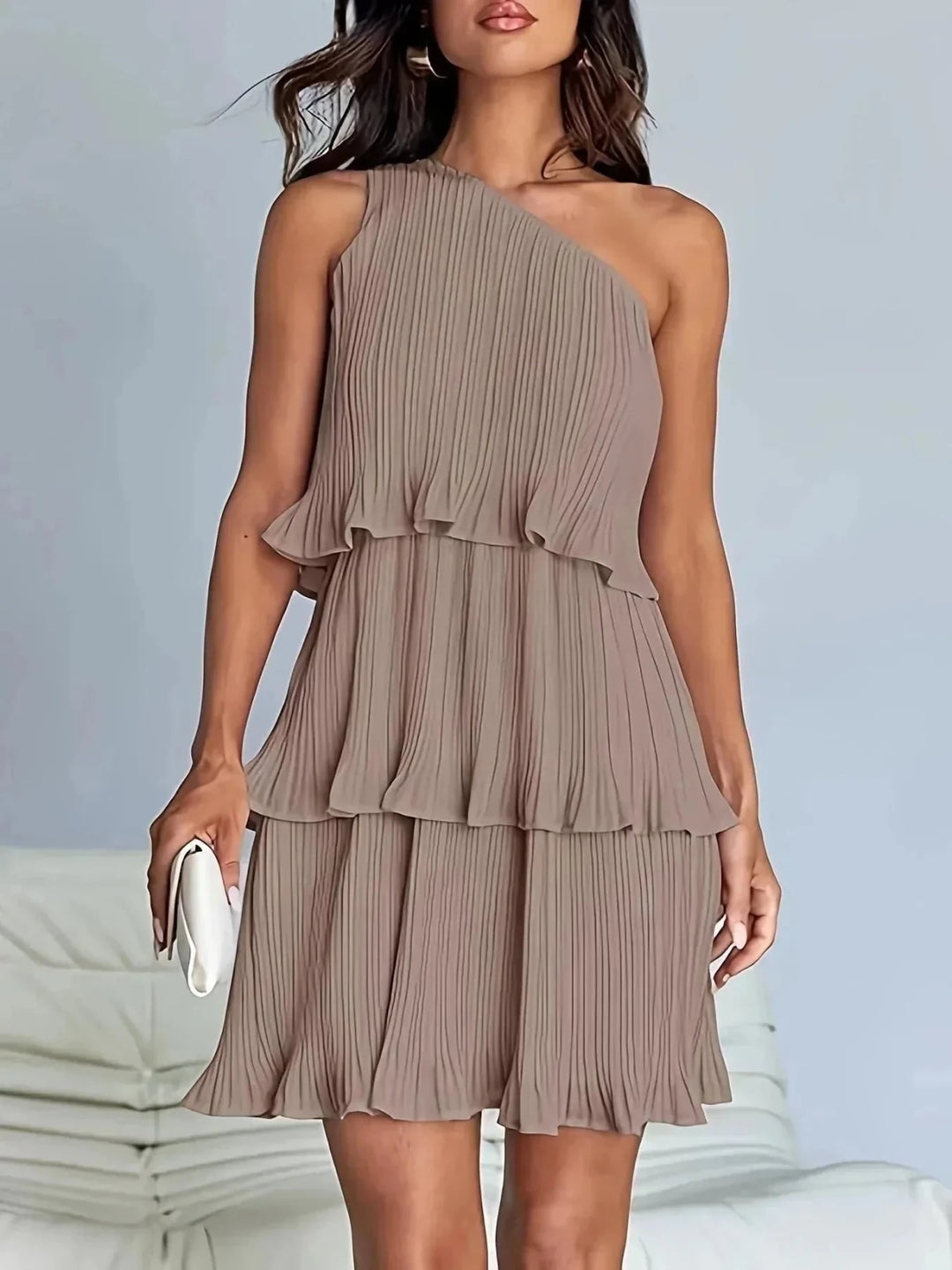Rhea | Elegant One - Shoulder Pleated Tiered White Dress - Emma's Dresses