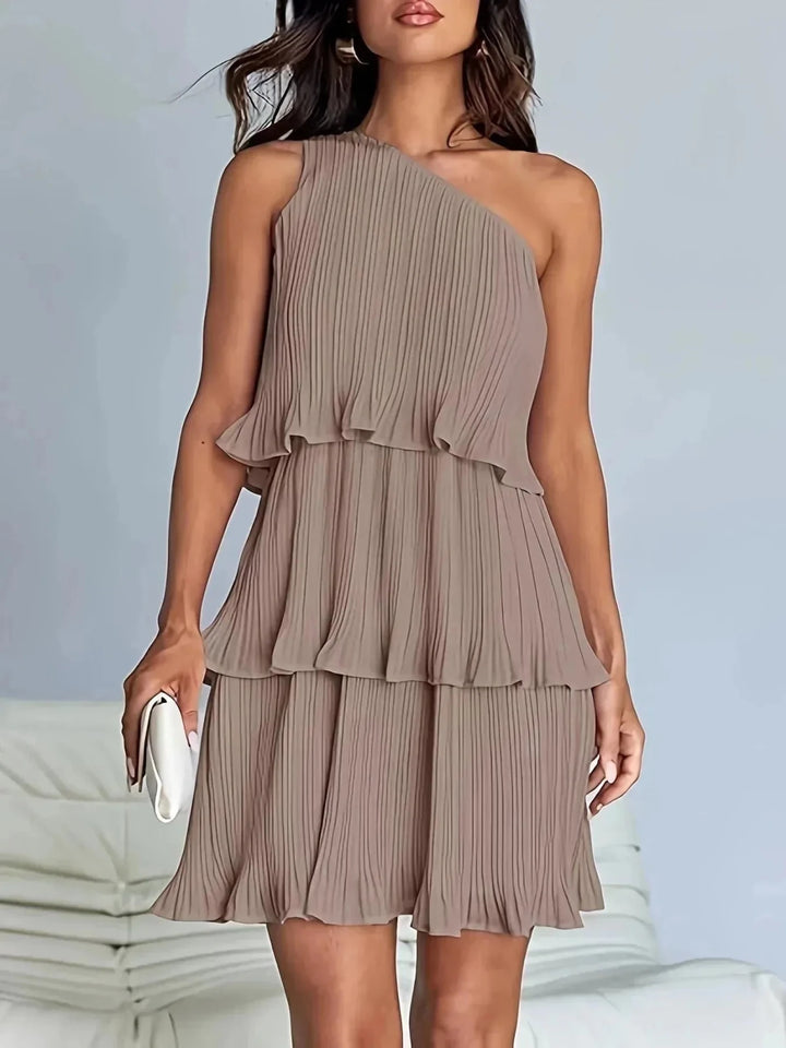Rhea | Elegant One - Shoulder Pleated Tiered White Dress - Emma's Dresses