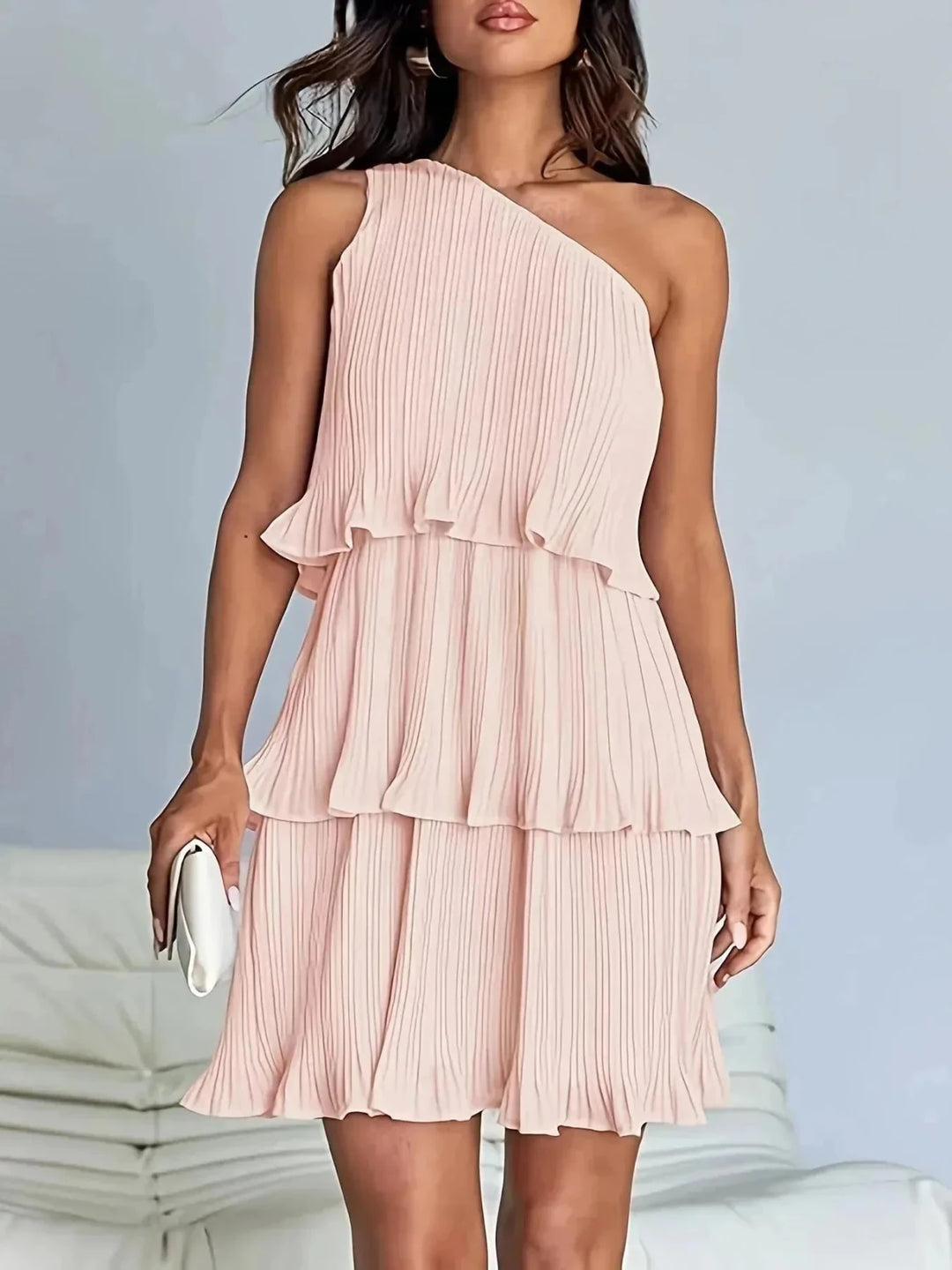 Rhea | Elegant One - Shoulder Pleated Tiered White Dress - Emma's Dresses