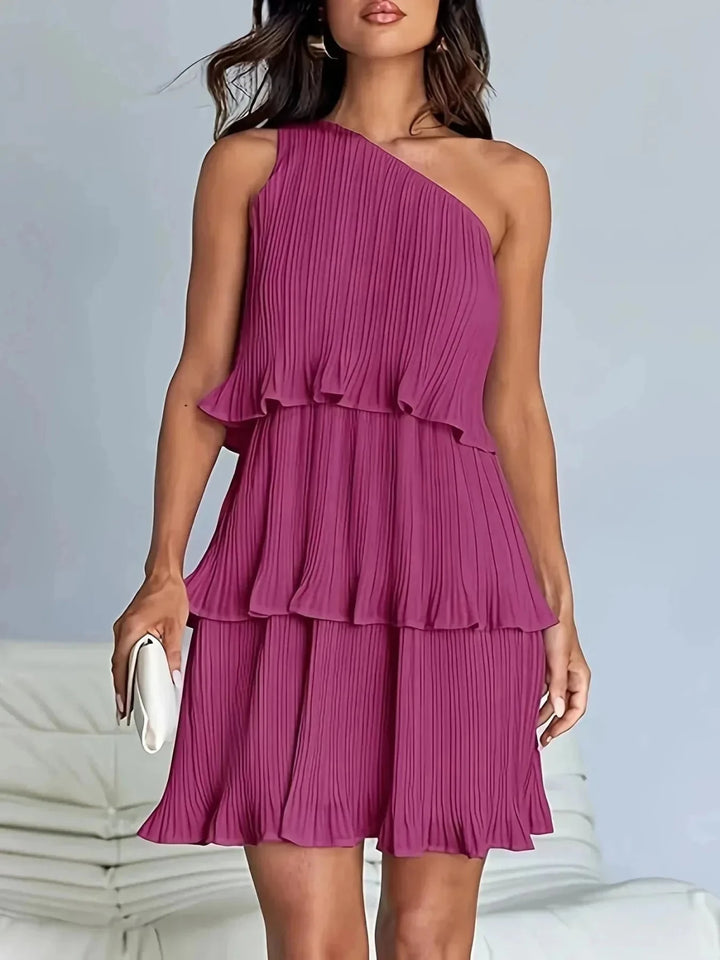 Rhea | Elegant One - Shoulder Pleated Tiered White Dress - Emma's Dresses