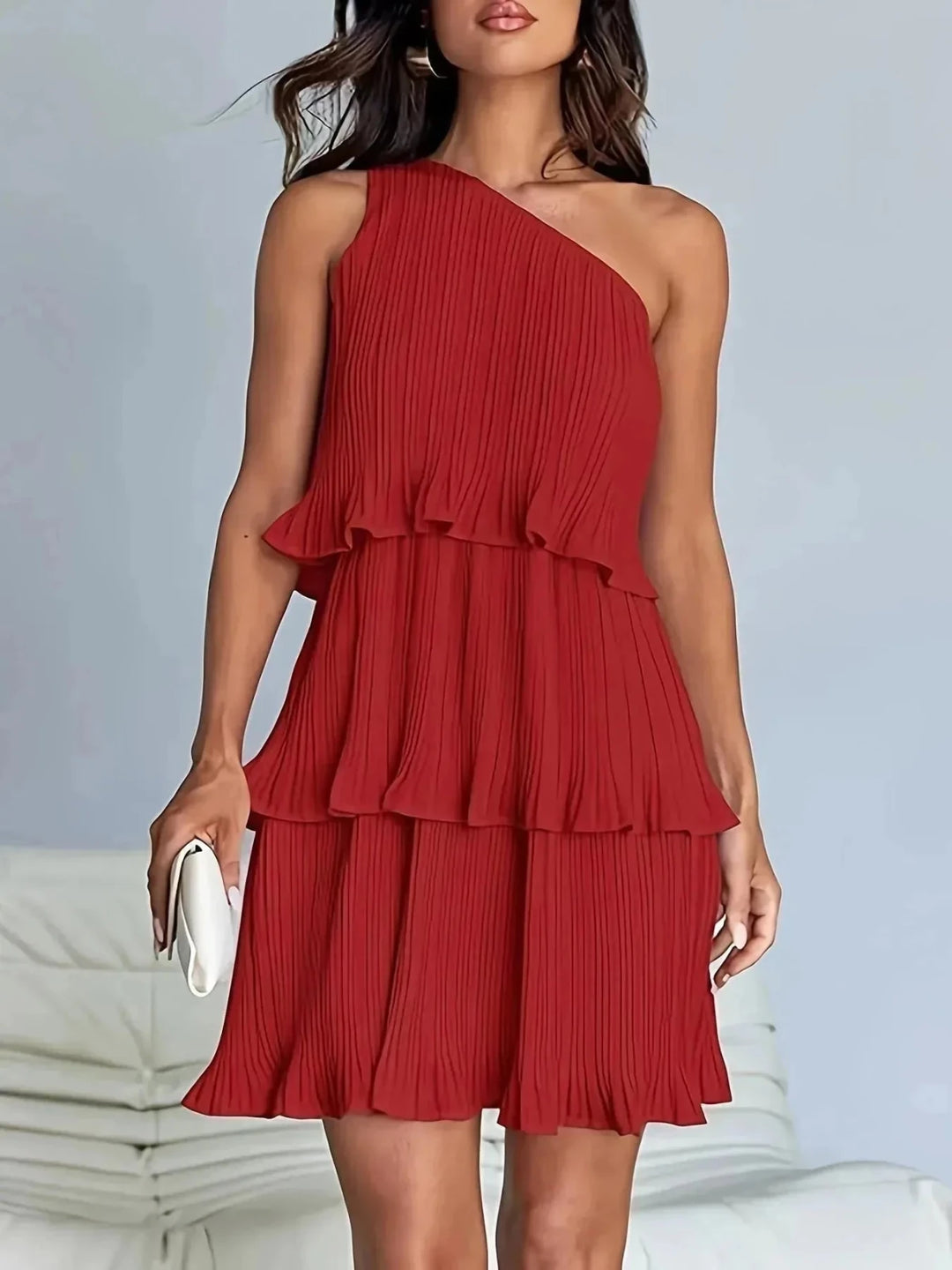 Rhea | Elegant One - Shoulder Pleated Tiered White Dress - Emma's Dresses