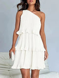 Rhea | Elegant One-Shoulder Pleated Tiered White Dress